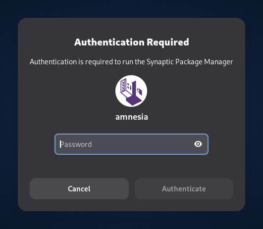 Authentication required: amnesia password (also called *administration password* or *root password*)